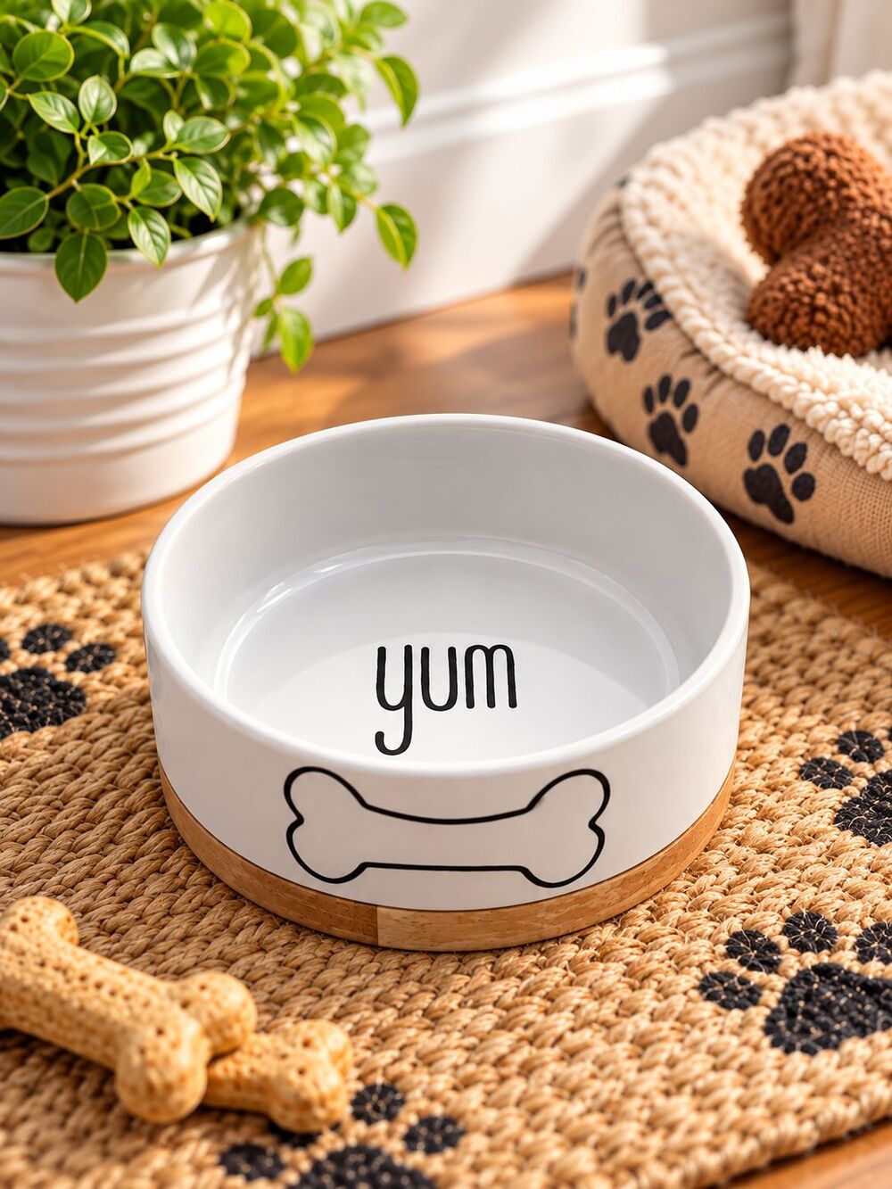 White Ceramic Dog Food Water Bowl with Wood Base Bone Design “Yum” 5 inch
